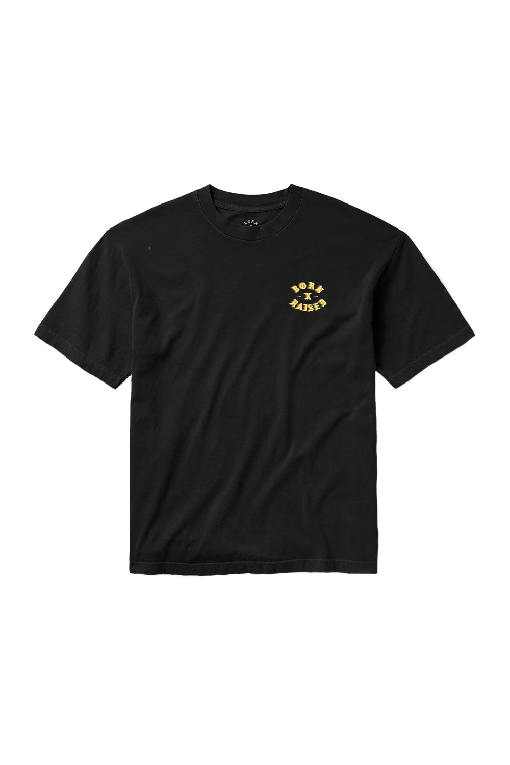 Front view of the black 100% cotton Born X Raised Speed Rocker T-shirt with a small yellow motion-blur brand logo printed on the left chest.