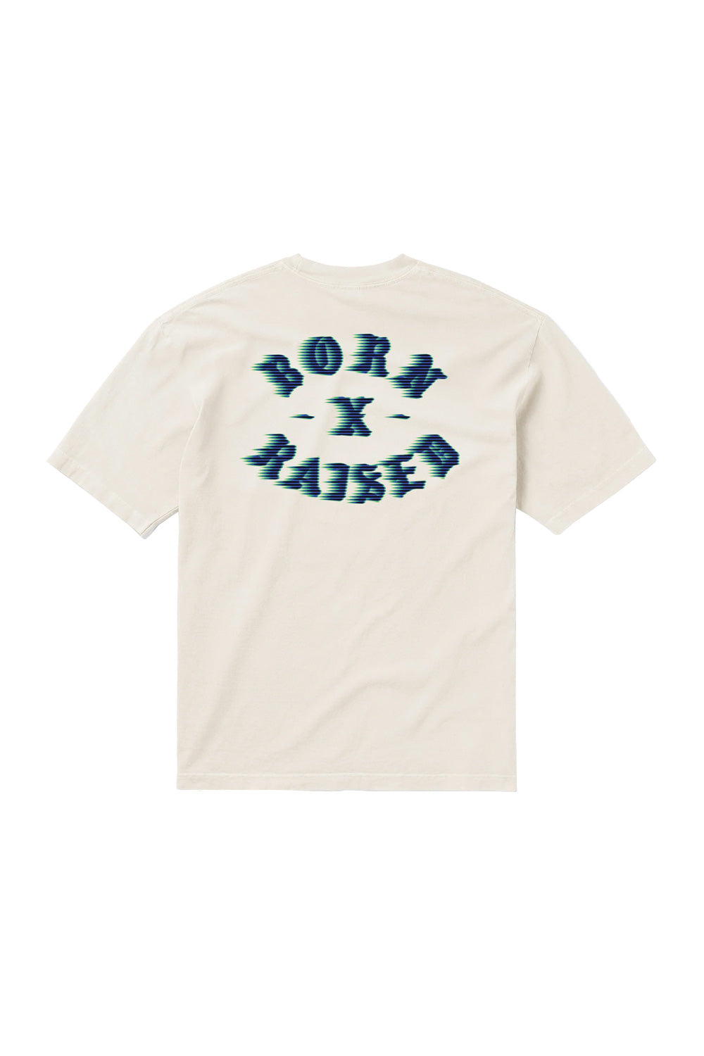 Back view of the loose-fitted cream Born X Raised Speed Rocker T-shirt featuring a large green and black motion-blur rocker logo printed across the shoulders.