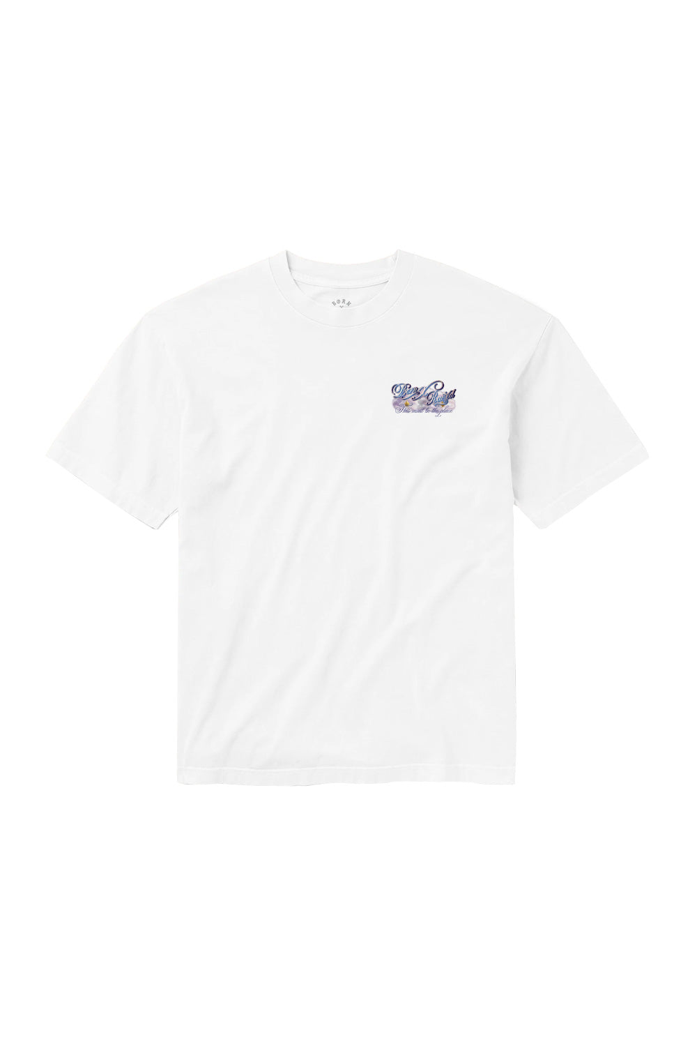 Front view of the white 100% cotton loose-fitted Born X Raised T-shirt with a small graphic logo printed on the left chest.