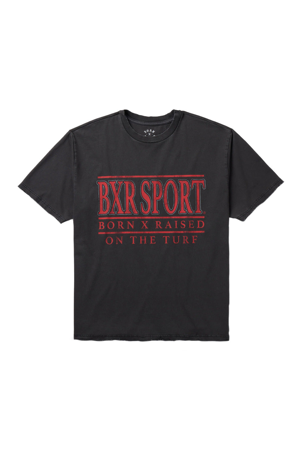 Front view of the vintage black Born X Raised University T-shirt, featuring a red BXR SPORT BORN X RAISED ON THE TURF chest print.