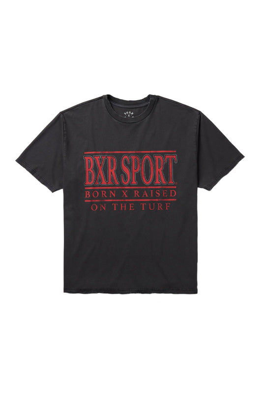 Front view of the vintage black Born X Raised University T-shirt, featuring a red BXR SPORT BORN X RAISED ON THE TURF chest print.