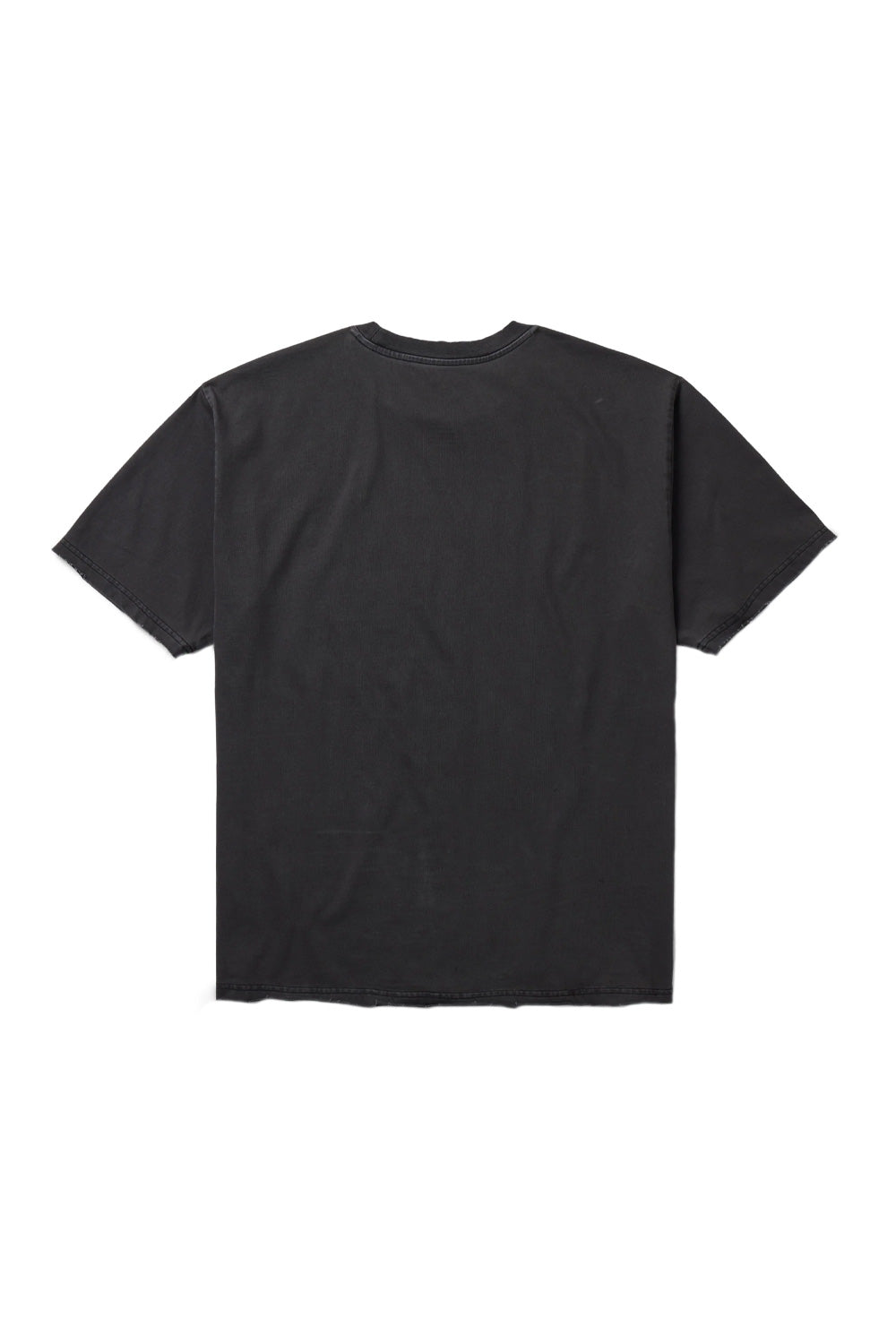 Back view of the washed vintage black 100% heavy cotton Born X Raised University T-shirt showing its loose-fitted cut.
