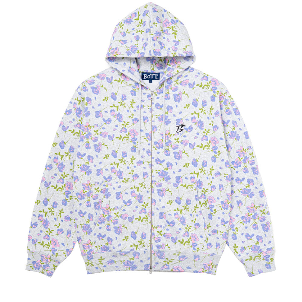Front flat lay studio view of the BoTT Flower Zip Hoodie in Ash grey heather, showcasing a relaxed heavyweight fleece zip-up sweatshirt decorated with an all-over pastel blue, lavender, and pink rose blossom pattern, featuring a full silver metal front zipper, matching round tubular drawstrings at the hood, split kangaroo pouch pocket, ribbed cuffs and hem, and a black embroidered lightning star "B" logo on the left chest.