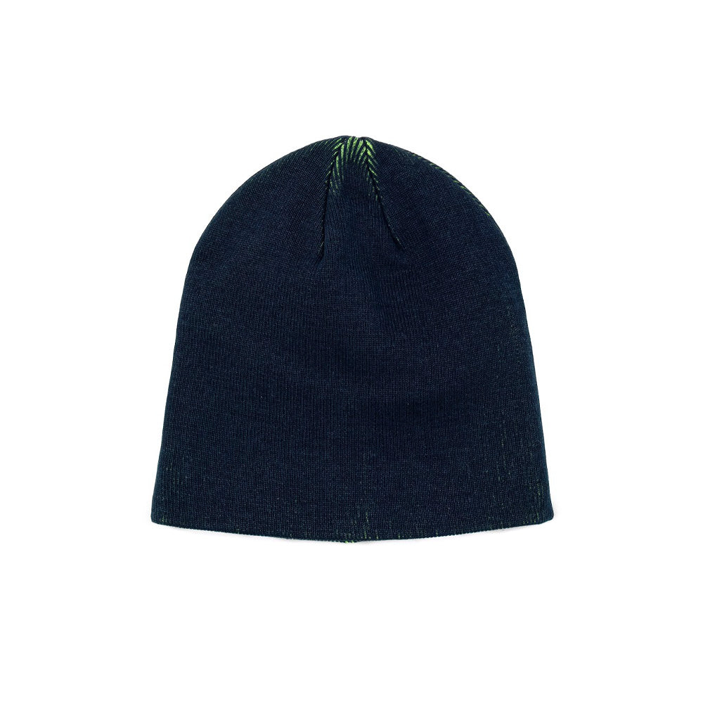 Back flat lay studio perspective of the dark navy BoTT Overprint Skullcap Beanie, displaying the clean unbranded fine-gauge knit texture, ribbed cuffless bottom edge, and visible radiating neon green knitted yarn detailing along the gathered crown darting.