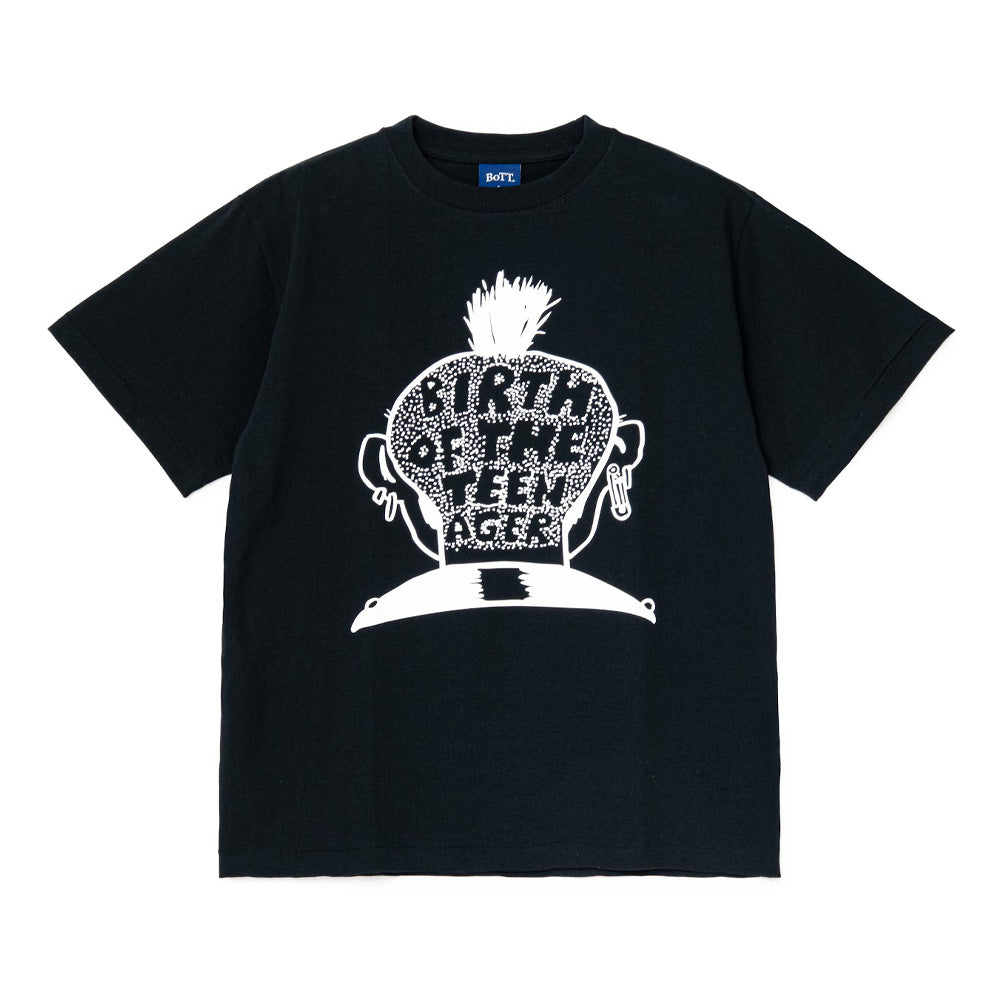 Front flat lay studio view of the BoTT Shaved T-Shirt in solid black, showcasing a relaxed boxy skateboarder fit in heavy cotton jersey, a ribbed crewneck collar with blue inner BoTT neck tag, and a large centered white screen print of a punk character from behind with a shaved buzzcut head, mohawk crest, safety-pin ear piercings, and textured lettering spelling out "BIRTH OF THE TEENAGER" across the shaved hair pattern.