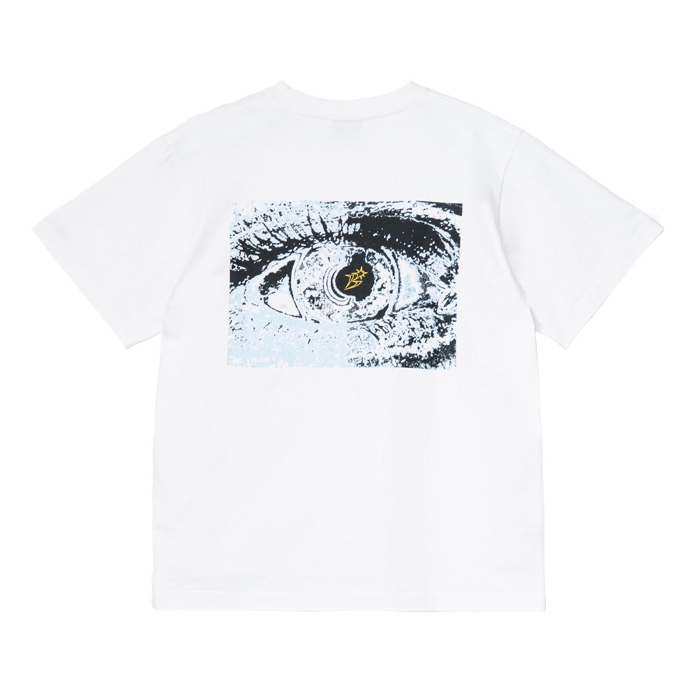Back flat lay studio view of the BoTT Ultra T-Shirt in solid white, showcasing a relaxed streetwear silhouette in heavy cotton jersey, centered by a large rectangular graphic print depicting a close-up halftone eye with pale blue and black contrast shading and a yellow lightning star pupil emblem.