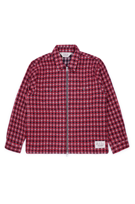 Brain Dead Check Mate Flannel Zip Shirt Black Red, wide-fit wool-blend flannel with raised check texture, YKK zipper, and logo patch detail.