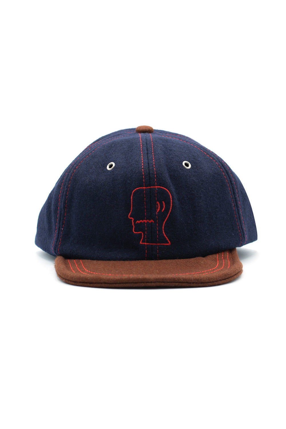 Brain Dead Flannel Wire Birm Hat Navy – Klassische Dad Cap aus weichem Flanell mit roter Kontrastnaht und gesticktem Logo auf der Front.