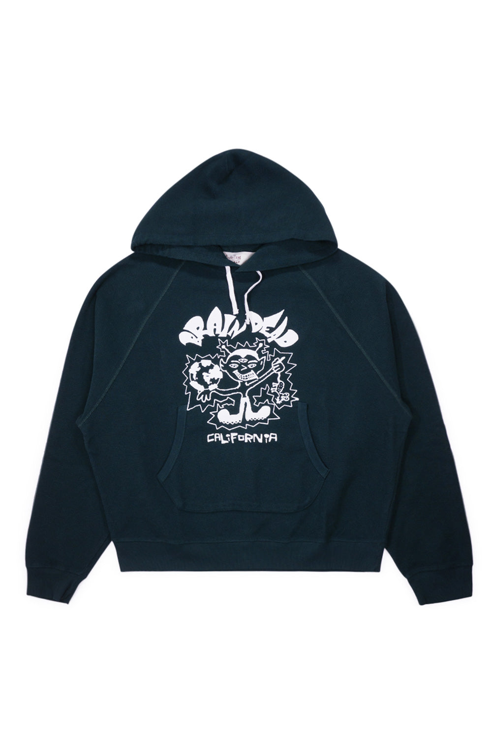 Brain Dead Global Shock Hoodie Forest Green, super boxy-fit pullover made from heavy cotton terry with raised chest print and loose sleeves.