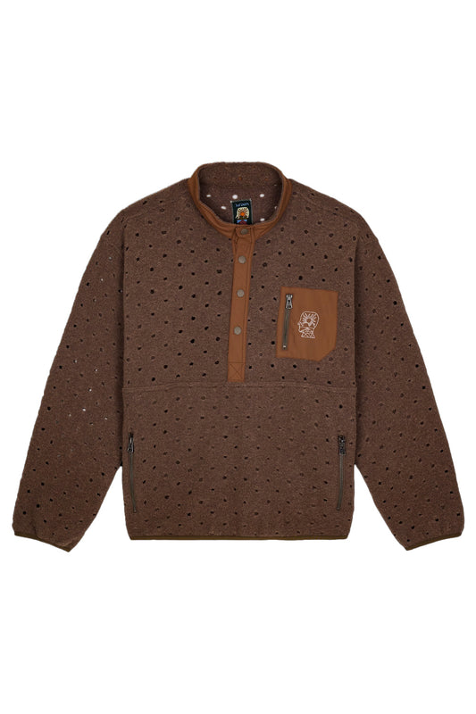 Brain Dead Hole Mock Neck Pullover Brown front view featuring oversized fit, laser-cut perforated wool fabric, snap button mock neck, embroidered chest logo, YKK zip chest pocket and zip side pockets
