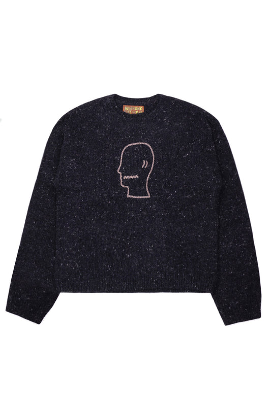 Brain Dead Logohead Alpaca Crewneck Sweater Charcoal front view featuring loose boxy fit knit, embroidered Brain Dead head logo graphic on the chest and premium alpaca merino wool blend streetwear sweater made in Peru
