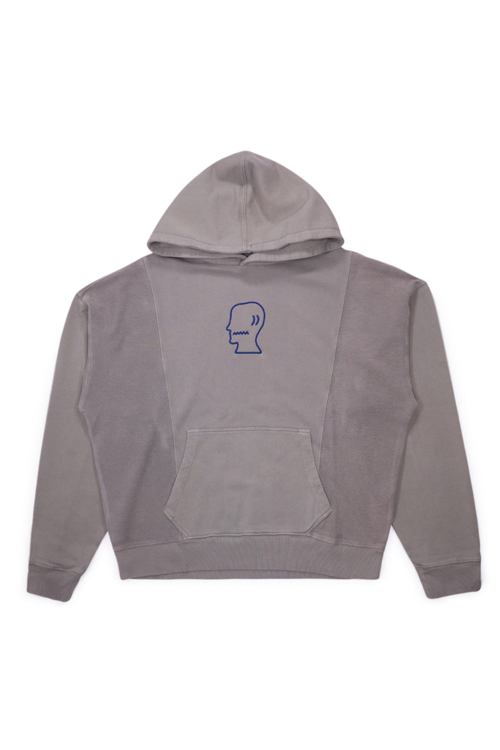 Brain Dead Mendoza Cropped Hoodie Cement, boxy-fit cropped pullover made from heavy cotton with dark blue chest embroidery and wide hood.
