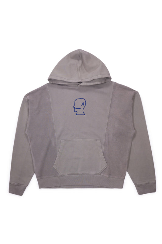 Brain Dead Mendoza Cropped Hoodie Cement, boxy-fit cropped pullover made from heavy cotton with dark blue chest embroidery and wide hood.