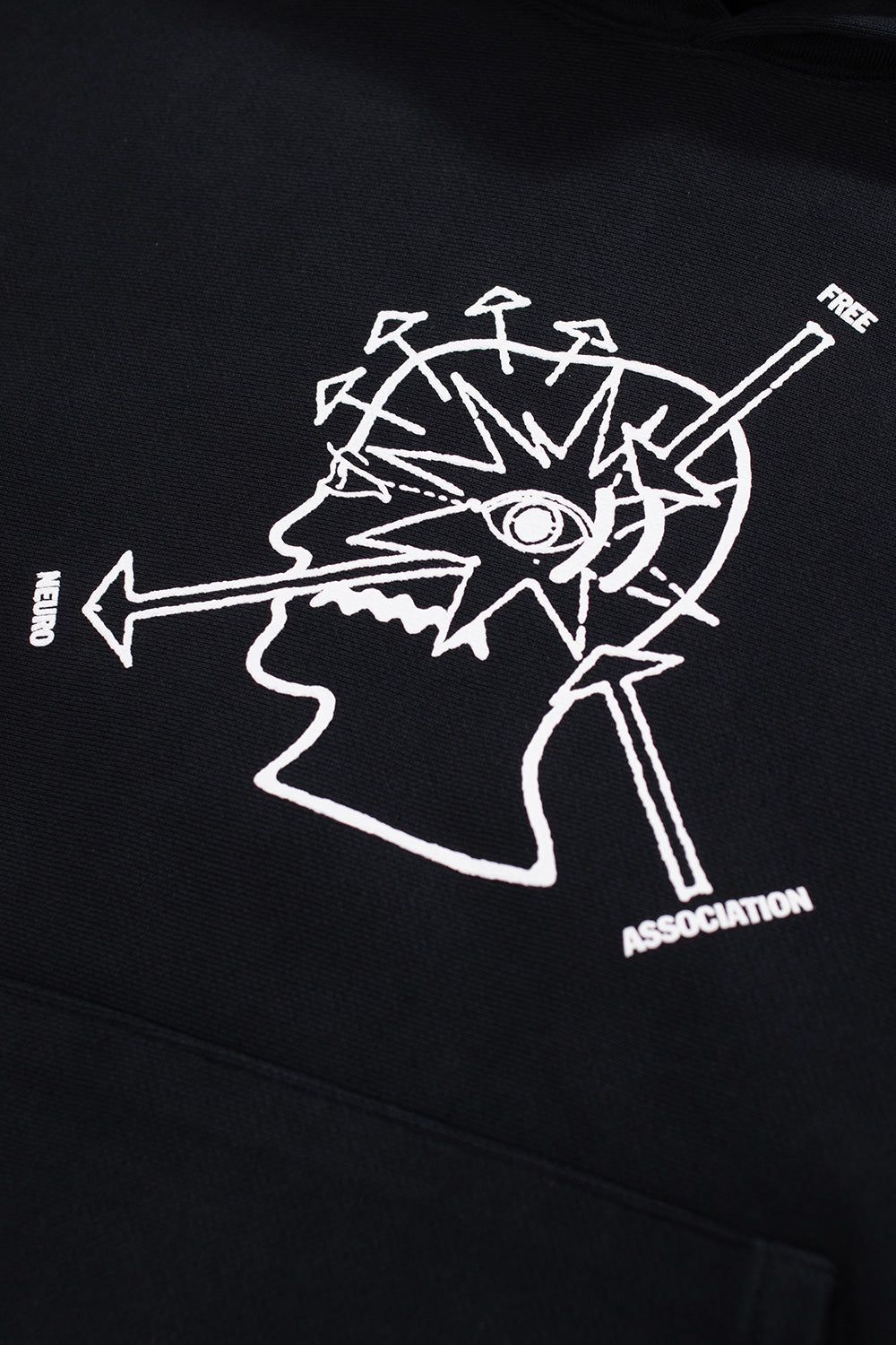 Detailaufnahme der grafischen Vorderseite des Brain Dead Hoodies – inspiriert von Post-Punk und Comics