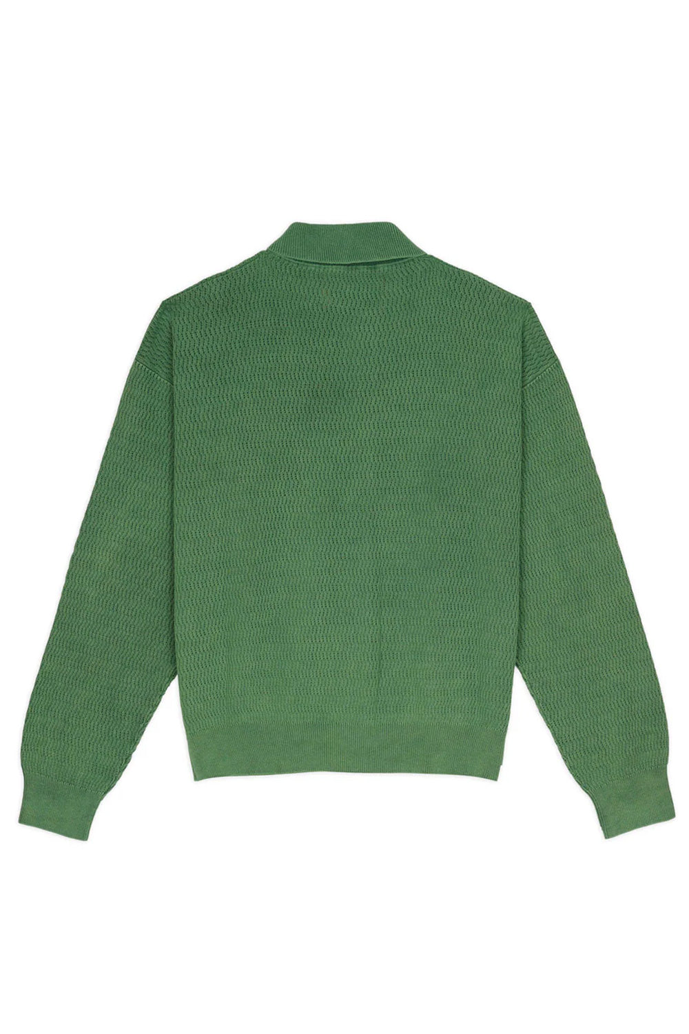 Brain Dead Pigment Dye Long Sleeve Polo Sweater Green back view – pigment dyed green knitted polo sweater with relaxed boxy fit made from premium pima cotton