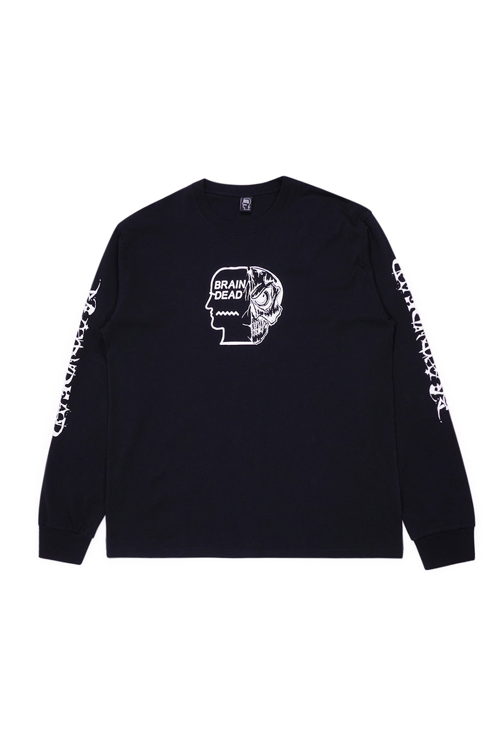 Brain Dead Skull Mech Longsleeve Black, heavy cotton jersey shirt with bold graphic prints on front, back, and sleeves.