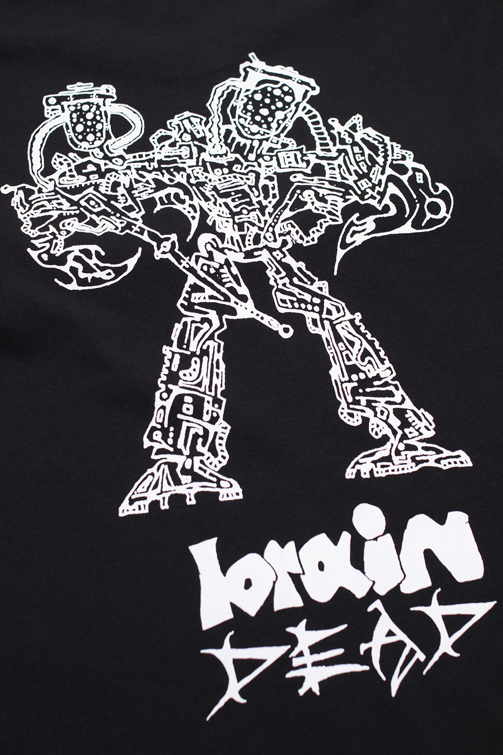 Brain Dead Skull Mech Longsleeve Black, artistic graphic tee with prints on both sleeves, chest, and back, crafted from durable cotton fabric.