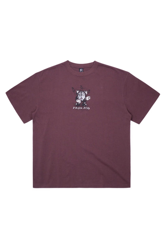 Brain Dead Time Is Nigh T-Shirt Berry front view featuring small illustrated chest graphic with Brain Dead logo, premium heavy cotton jersey streetwear tee from Brain Dead Los Angeles made in Portugal