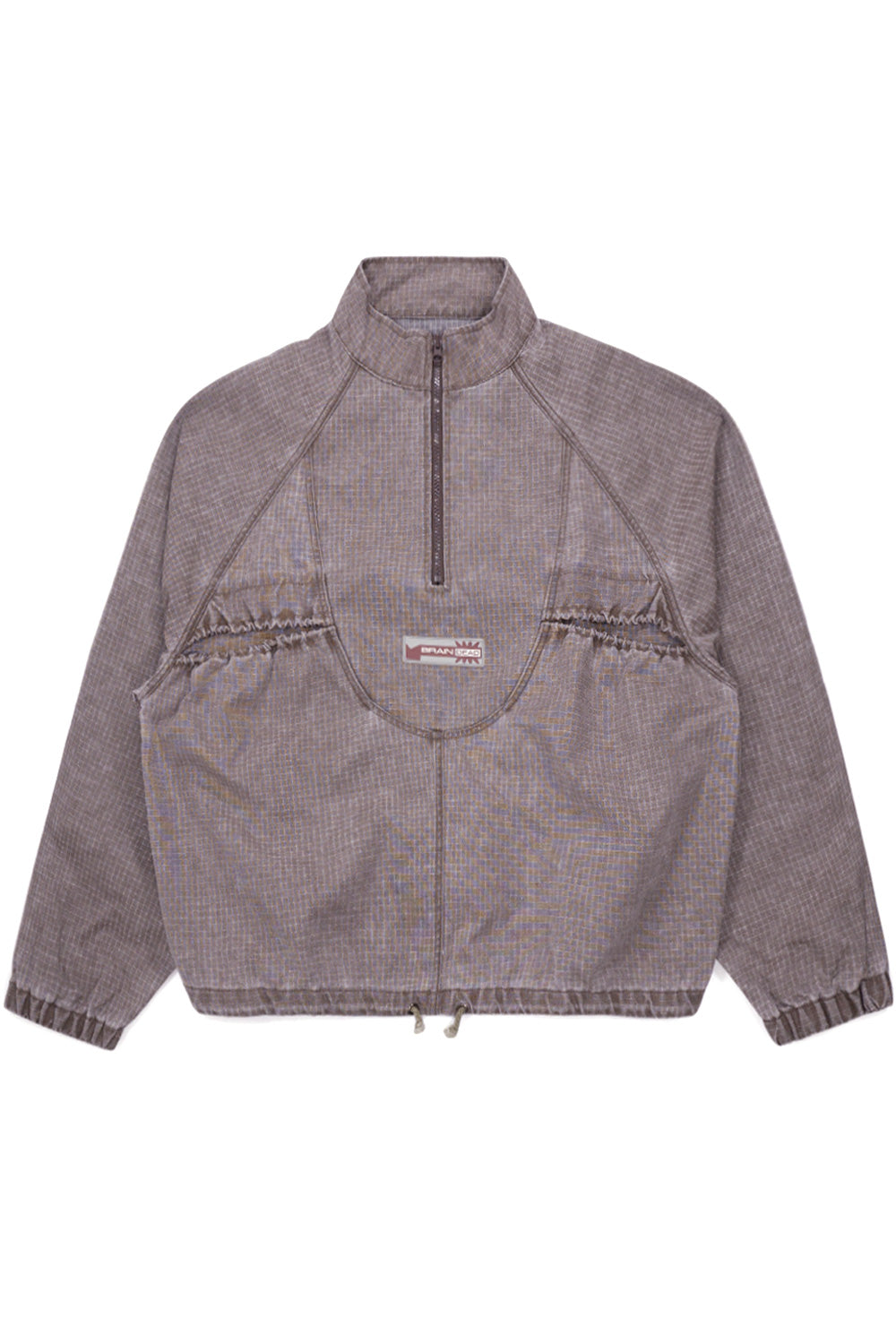Brain Dead Washed Ripstop Equipment Half Zip Brown jacket front view featuring cropped wide fit, technical washed ripstop fabric, YKK half-zip closure and signature Brain Dead logo patch