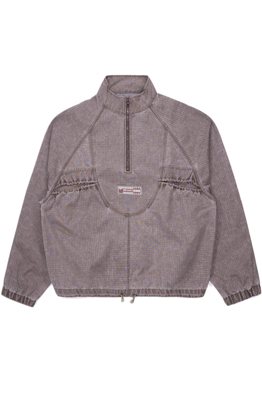 Brain Dead Washed Ripstop Equipment Half Zip Brown jacket front view featuring cropped wide fit, technical washed ripstop fabric, YKK half-zip closure and signature Brain Dead logo patch