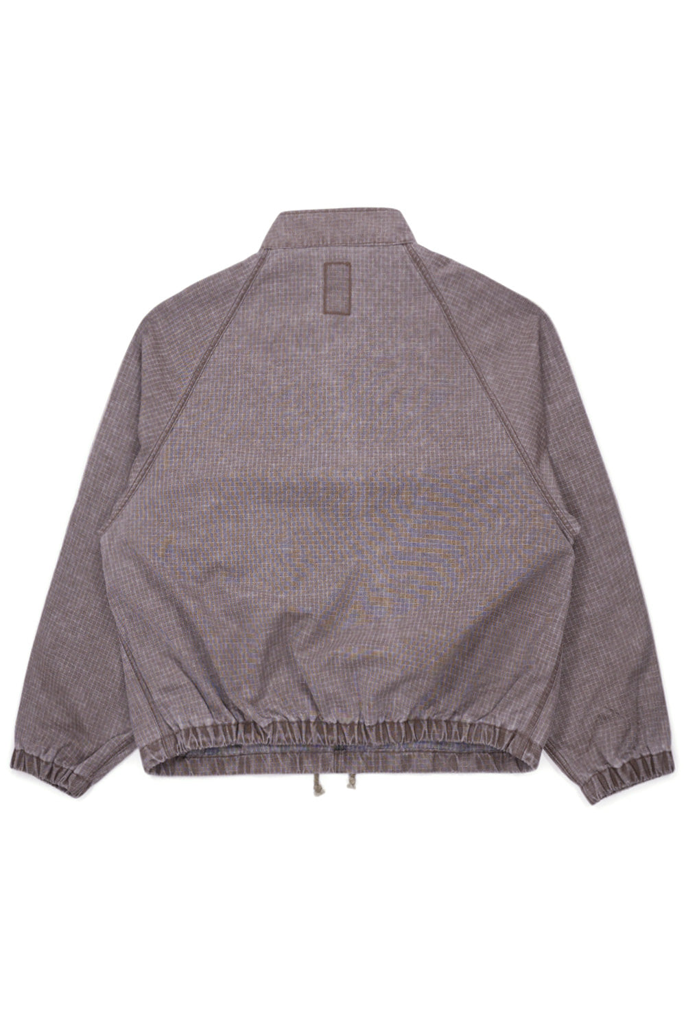 Back view of Brain Dead Washed Ripstop Equipment Half Zip Brown streetwear jacket with textured ripstop polyamide fabric, relaxed cropped silhouette and elastic hem with adjustable drawcord