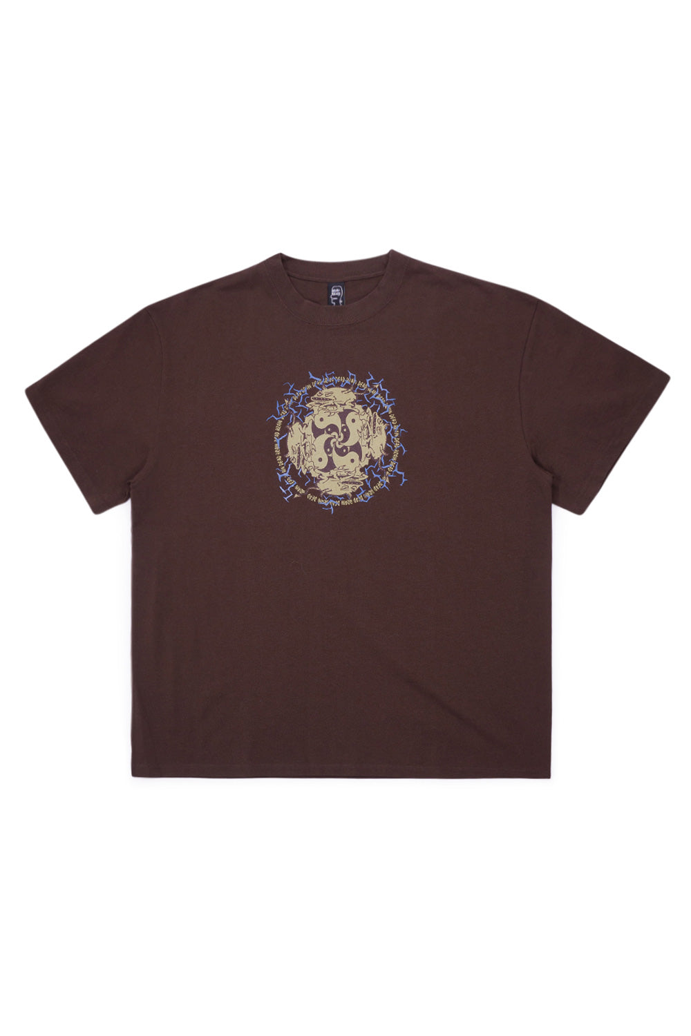 Brain Dead Ying Yang Run T-Shirt Brown front view featuring bold yin yang inspired graphic print on the chest, heavy cotton jersey construction and contemporary Brain Dead Los Angeles streetwear design