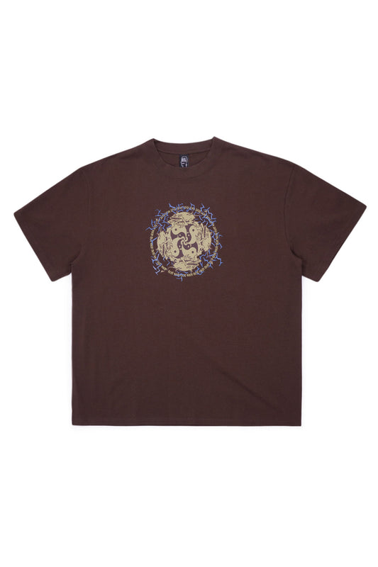 Brain Dead Ying Yang Run T-Shirt Brown front view featuring bold yin yang inspired graphic print on the chest, heavy cotton jersey construction and contemporary Brain Dead Los Angeles streetwear design