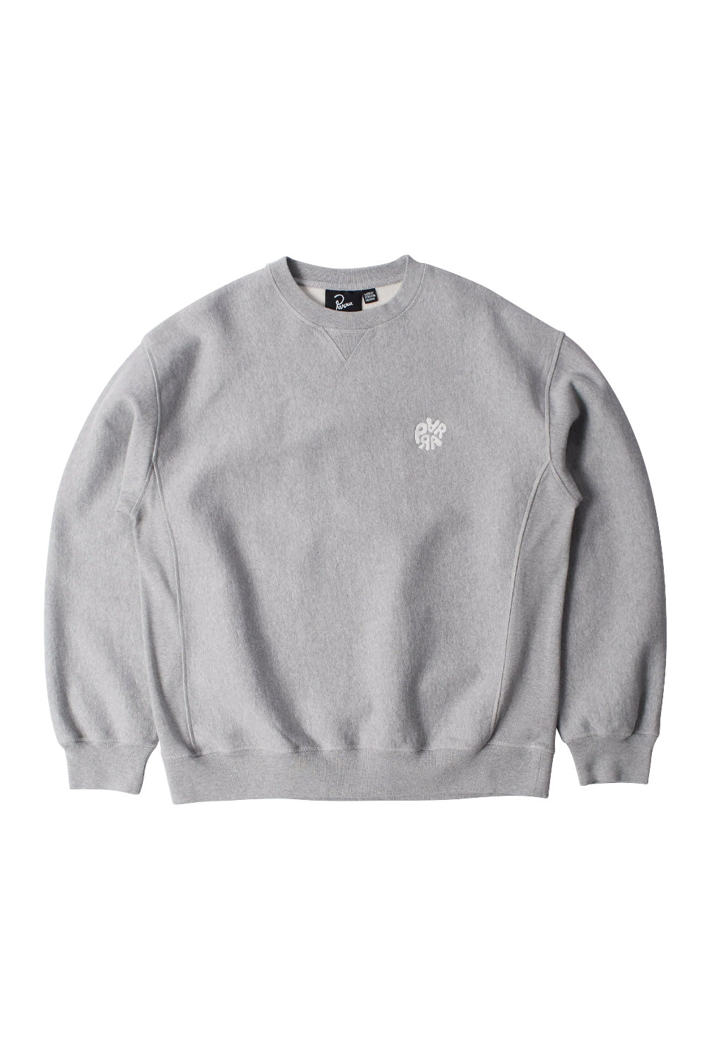 Front flat lay view of the By Parra Balloon Logo Cross-Grain Crewneck sweatshirt in heather grey, crafted in Portugal from heavyweight 420-gram eco pre-washed cotton fleece, featuring a relaxed boxy cut, ribbed crew neckline with a subtle V-insert triangle stitch, ribbed side rib gussets, elastic ribbed hem and cuffs, and small white embroidered circular balloon logo lettering on the left chest.
