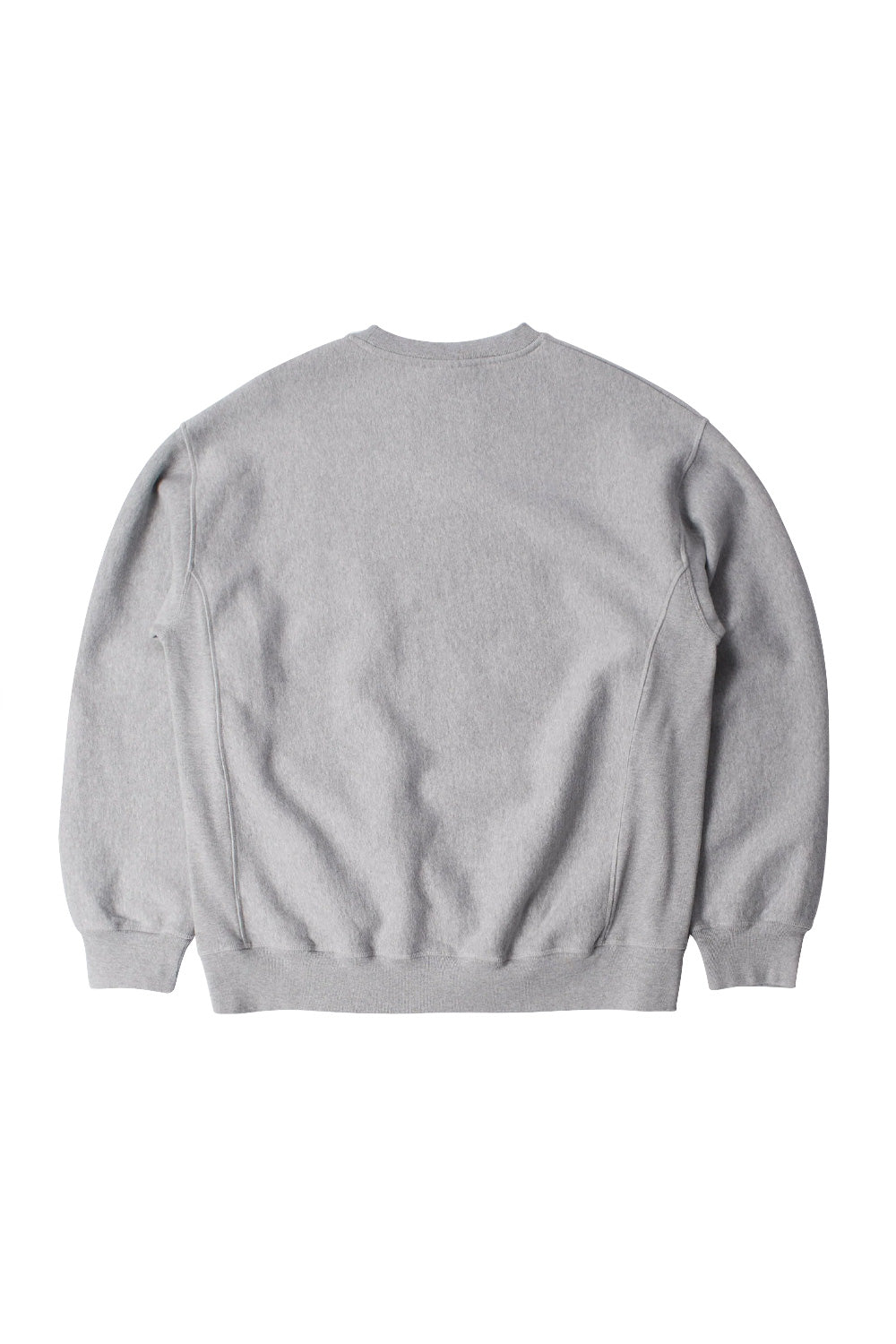Rear flat lay view of the By Parra Balloon Logo Cross-Grain Crewneck in heather grey, showcasing the clean drop-shoulder back panel, horizontal cross-grain fleece weave, wide stretch-ribbed waistband, ribbed cuffs, and vertical side gusset paneling.
