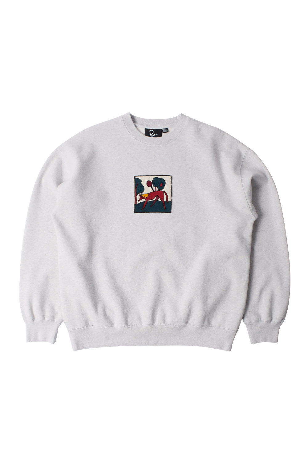 Front view of the By Parra Long Lost Leg Crew Neck Sweatshirt in heather grey, featuring a relaxed boxy fit crafted from heavy 420 grams eco pre-washed cotton blend fabric with a square embroidered artwork patch sewn onto the chest.