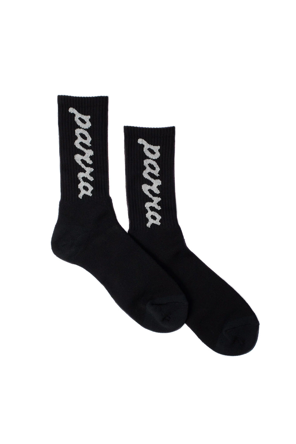 Pair of black By Parra Lowercase Scriptlogo Crew Socks laid flat, crafted in Japan from a comfortable cotton blend, featuring vertical white woven cursive Parra script lettering along the ribbed ankle section.