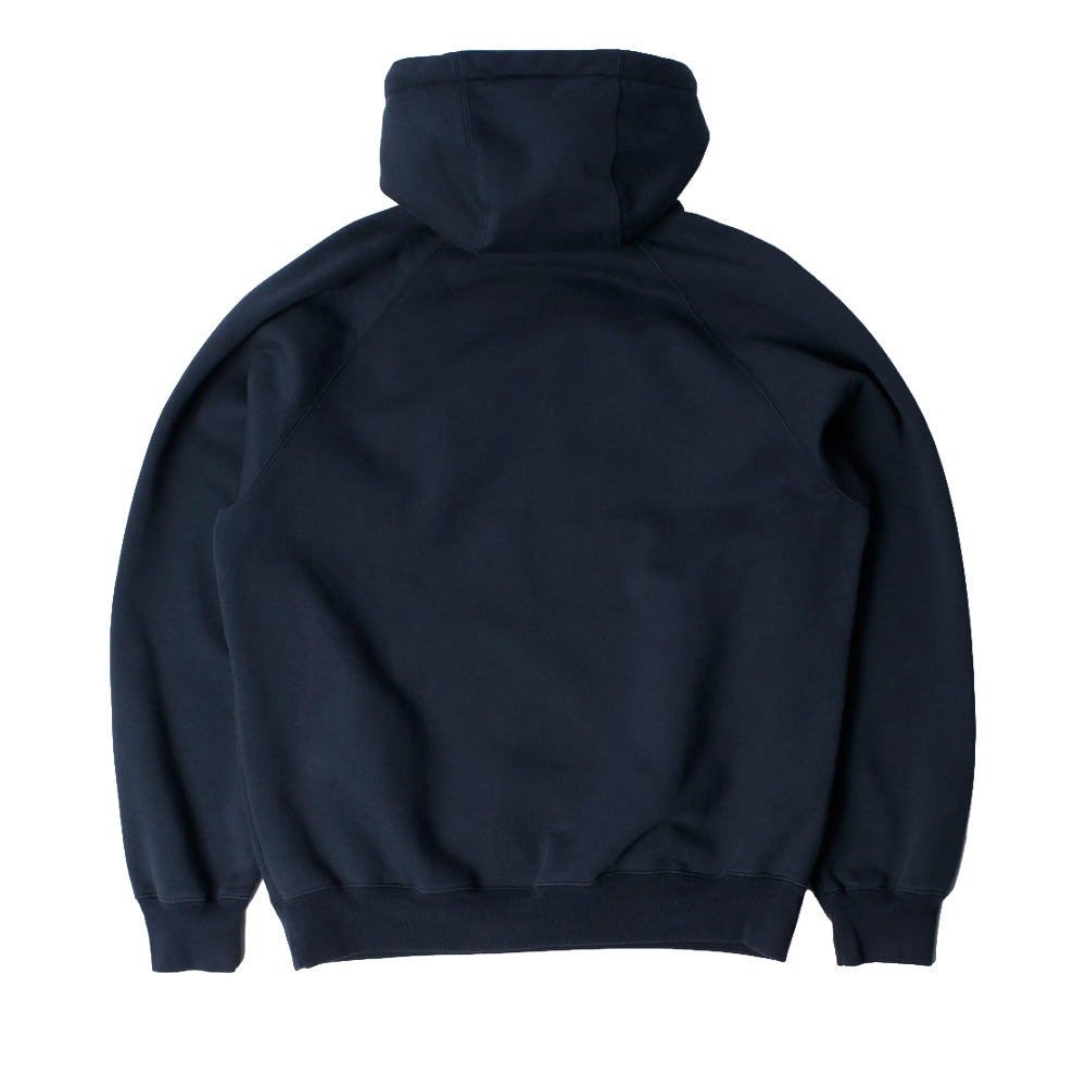Back flat lay studio perspective of the dark navy blue By Parra Musical Chairs Hooded Sweatshirt, displaying the clean and unbranded cotton fleece back panel, seamless raglan shoulder construction, double-layered structured hood, and wide elasticated ribbed waist hem and wrist cuffs.