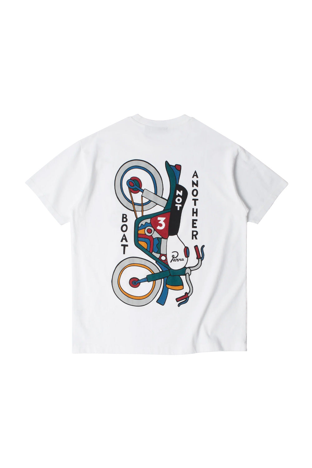 Back flat lay view of the white By Parra Not Another Boat T-Shirt, made in Portugal from heavy 240-gram eco pre-washed cotton, showcasing a large multicolored screen-printed graphic of an abstract, upside-down vintage motorcycle rendered in teal, red, yellow, and grey with stylized "NOT ANOTHER BOAT" typography and cursive Parra branding.