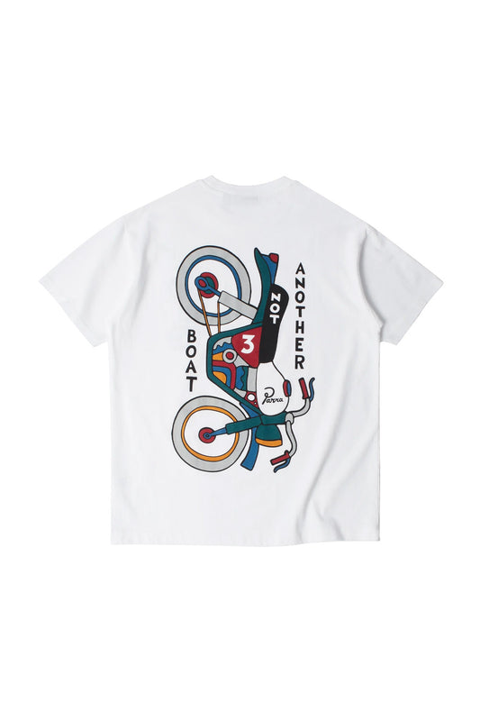 Back flat lay view of the white By Parra Not Another Boat T-Shirt, made in Portugal from heavy 240-gram eco pre-washed cotton, showcasing a large multicolored screen-printed graphic of an abstract, upside-down vintage motorcycle rendered in teal, red, yellow, and grey with stylized "NOT ANOTHER BOAT" typography and cursive Parra branding.