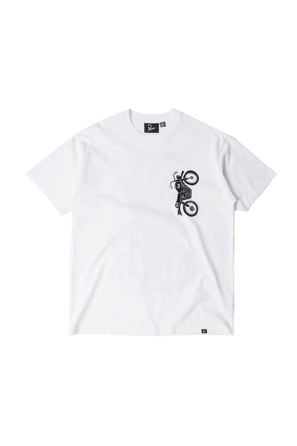 Front flat lay view of the By Parra Not Another Boat T-Shirt in white, featuring a ribbed crewneck, short sleeves, a small black woven logo flag at the bottom left hem, and a monochrome black screen-printed graphic of an upside-down retro motorcycle on the left chest.