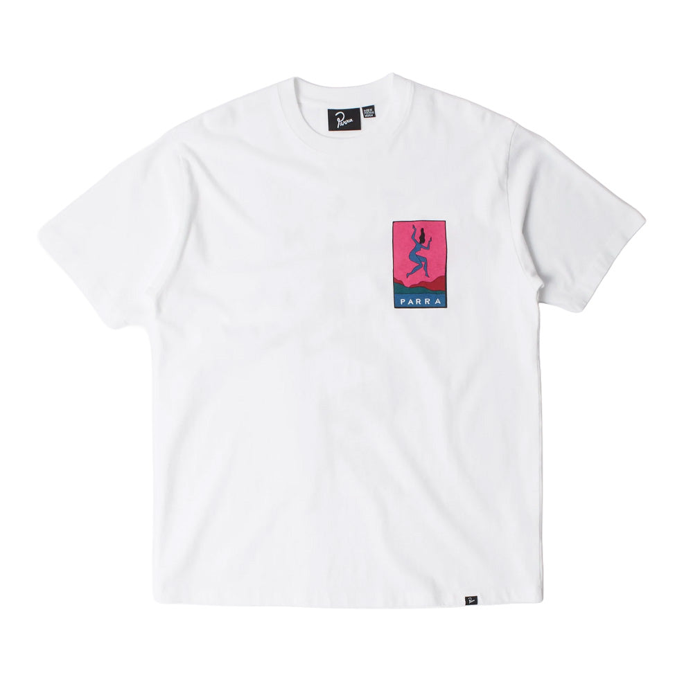 Front flat lay studio view of the white By Parra Not Listening T-Shirt, featuring a ribbed crewneck collar with a black inner woven Parra label, clean short sleeves, a woven logo flag tag on the lower hem, and a rectangular pop-art screen print on the left chest with a dancing blue figure on pink and teal backgrounds above "PARRA" block text.