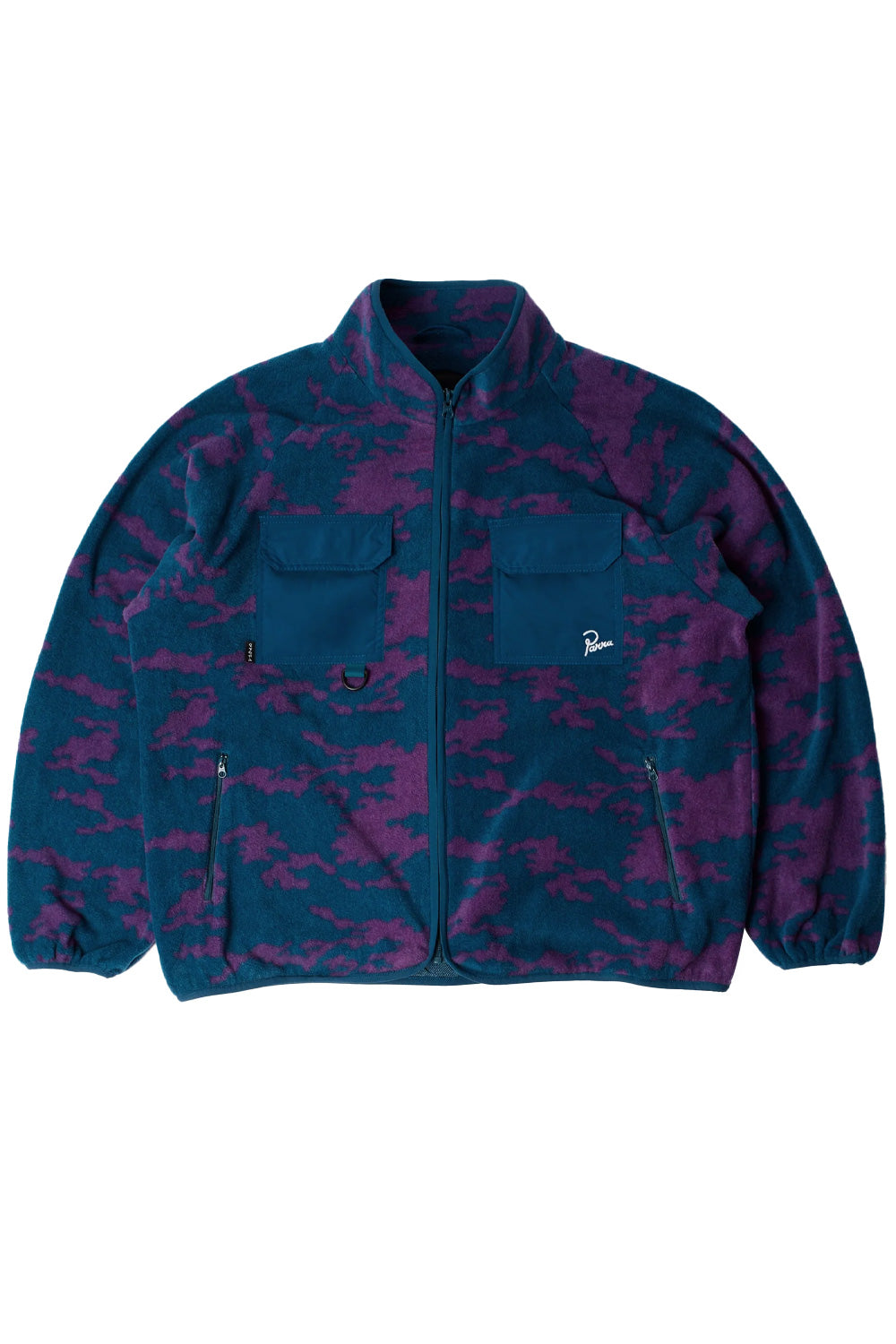 Front flat lay view of the By Parra Purple Darwin Camo Fleece jacket, featuring a full-zip closure with stand-up collar in a teal-blue and purple abstract camouflage fleece, equipped with two contrasting blue nylon ripstop flap chest pockets, two zippered hand pockets, and white Parra script logo embroidery.