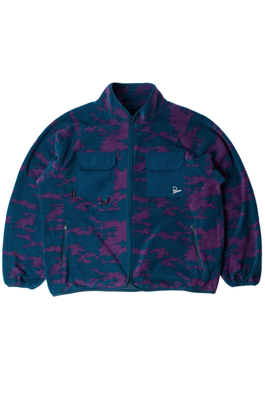 Front flat lay view of the By Parra Purple Darwin Camo Fleece jacket, featuring a full-zip closure with stand-up collar in a teal-blue and purple abstract camouflage fleece, equipped with two contrasting blue nylon ripstop flap chest pockets, two zippered hand pockets, and white Parra script logo embroidery.