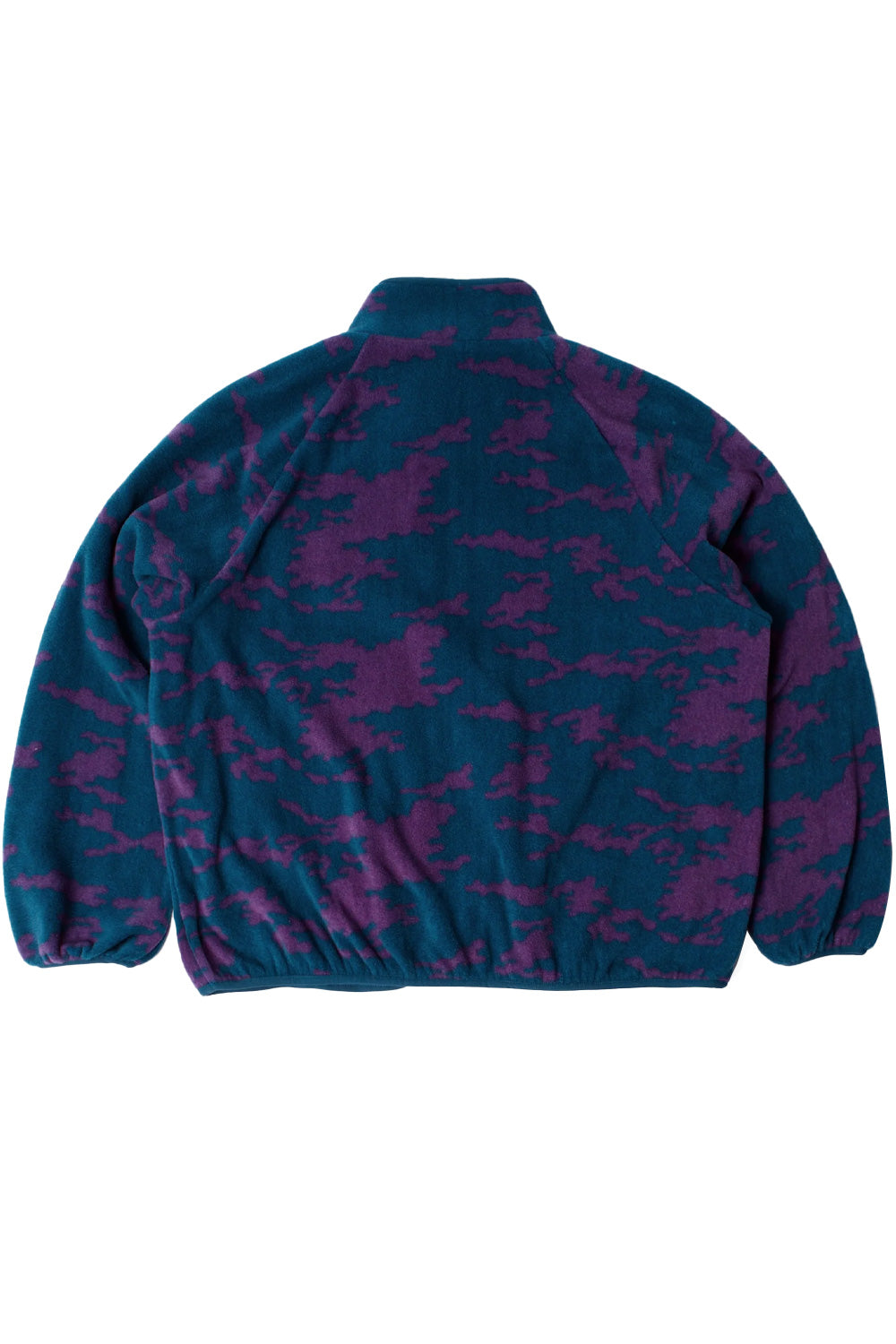 Rear flat lay view of the By Parra Purple Darwin Camo Fleece jacket, displaying the raglan sleeve construction, elasticated hem, elastic cuffs, and continuous abstract purple and teal-blue camouflage pattern across the plush polyester fleece fabric.