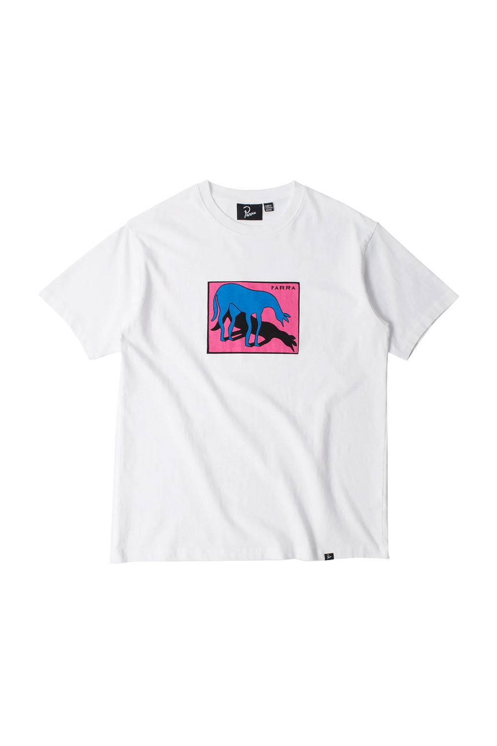 Front flat lay view of the By Parra Sad Horse T-Shirt in white, crafted in Portugal from heavyweight 240-gram eco pre-washed cotton, featuring a classic crew neckline, short sleeves, a black woven brand flag label at the lower left hem, and a centered rectangular chest screen print with a vibrant pink background, a stylized blue horse with its black shadow, and black "PARRA" typography.