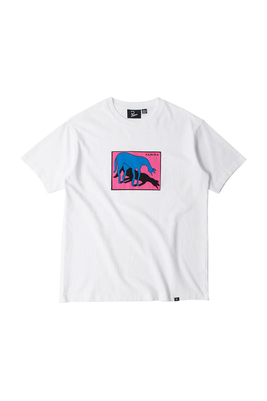 Front flat lay view of the By Parra Sad Horse T-Shirt in white, crafted in Portugal from heavyweight 240-gram eco pre-washed cotton, featuring a classic crew neckline, short sleeves, a black woven brand flag label at the lower left hem, and a centered rectangular chest screen print with a vibrant pink background, a stylized blue horse with its black shadow, and black "PARRA" typography.