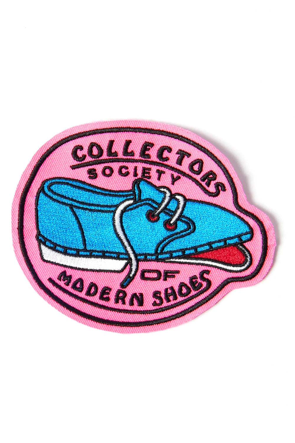 Front macro view of the isolated By Parra Shoe Collector Embroidered Patch, showcasing the dense pink twill background, black stitched border trim, white sneaker midsole and laces, red eyelets, and detailed thread work forming Pieter Parra's surreal footwear graphic.