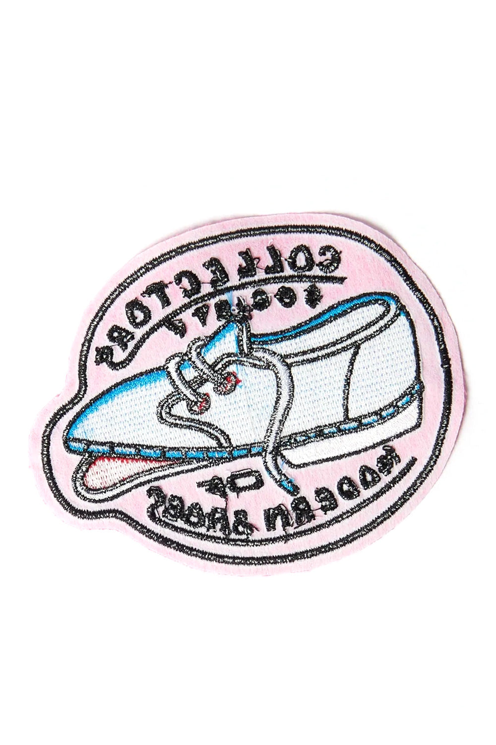 Back view of the By Parra Shoe Collector Embroidered Patch, showing the reverse white and pink textile backing with exposed black, blue, and red bobbin thread understitching and smooth iron-on adhesive backing along the contoured edges.