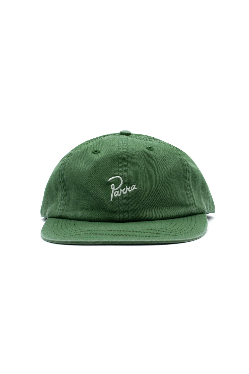 Front view of the dark forest green By Parra Signature 6 Panel Cap, made in California USA from pre-washed cotton twill, featuring a classic polo fit flat visor and centered white embroidered Parra script logo on the crown.