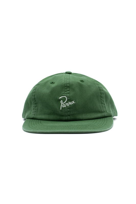 Front view of the dark forest green By Parra Signature 6 Panel Cap, made in California USA from pre-washed cotton twill, featuring a classic polo fit flat visor and centered white embroidered Parra script logo on the crown.