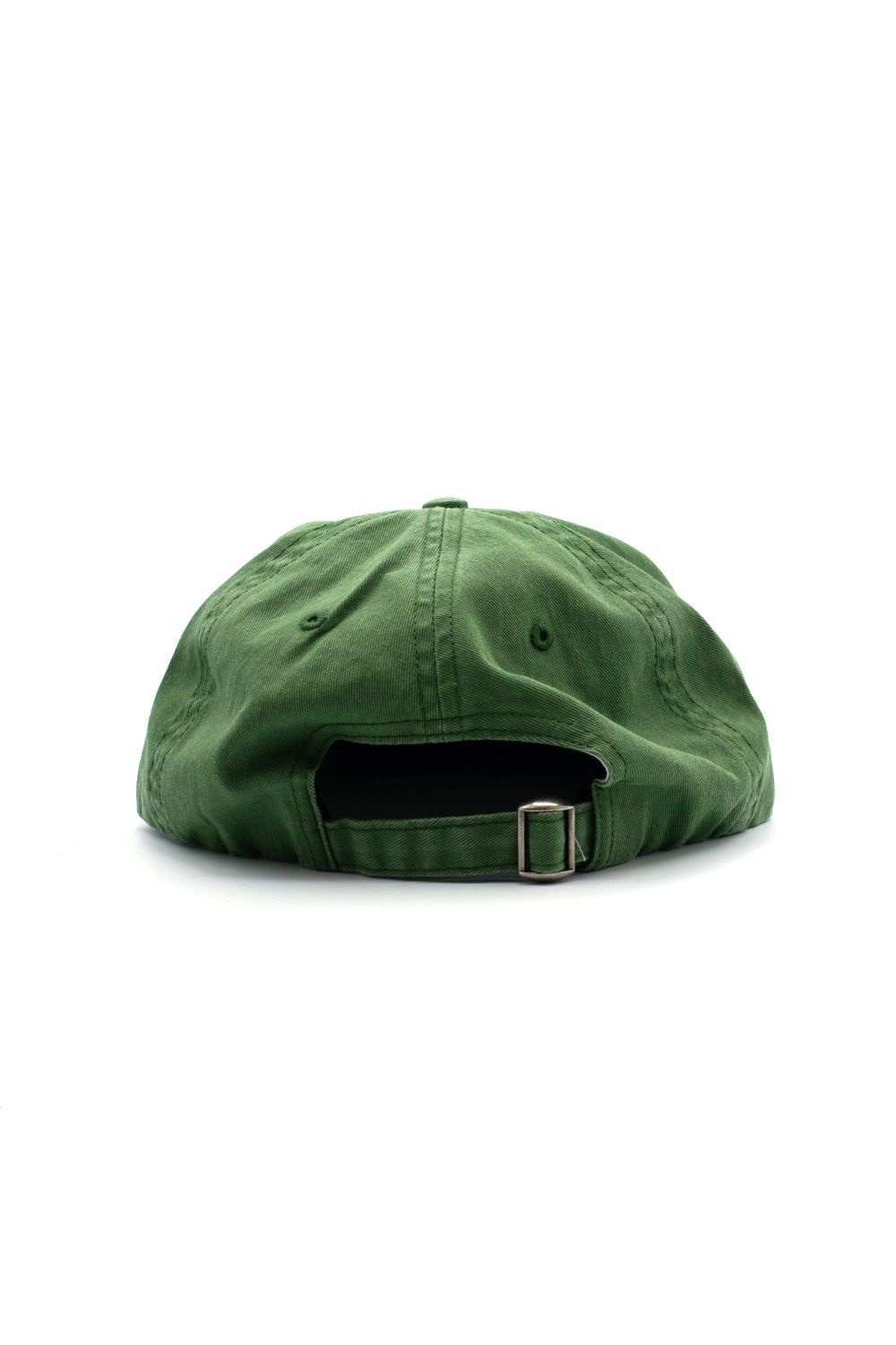 Rear view of the green By Parra Signature 6 Panel polo fit cap, showing the matching green pre-washed cotton strapback enclosure with a metal slider buckle.