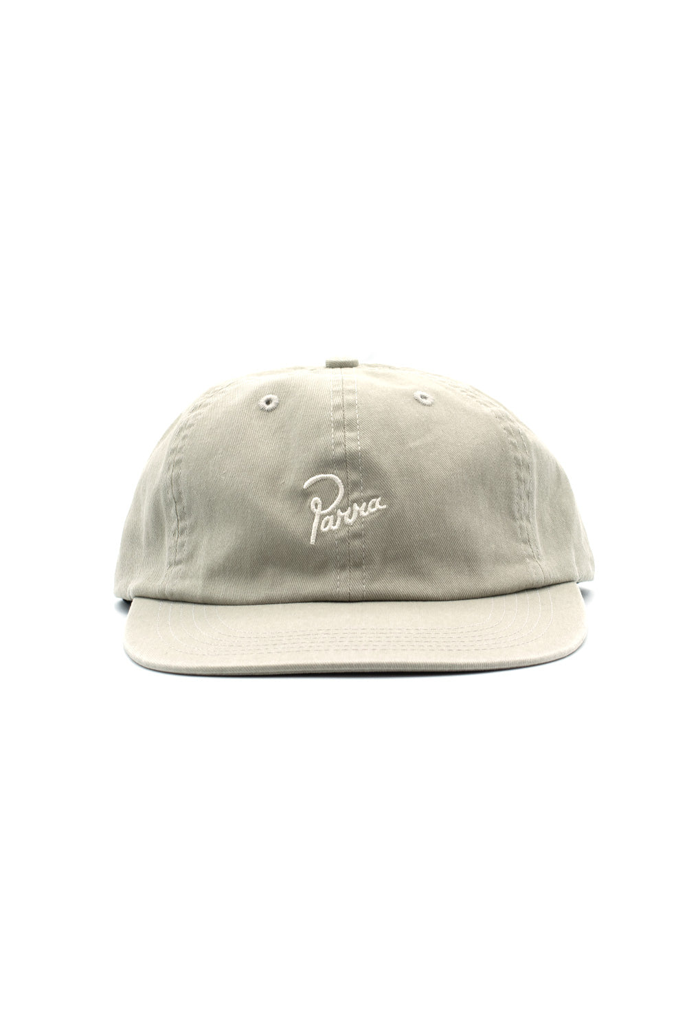 Front view of the light stone grey By Parra Signature 6 Panel Cap, crafted in California USA from pre-washed cotton twill, featuring a flat brim and a centered white embroidered Parra script logo on the unconstructed crown.