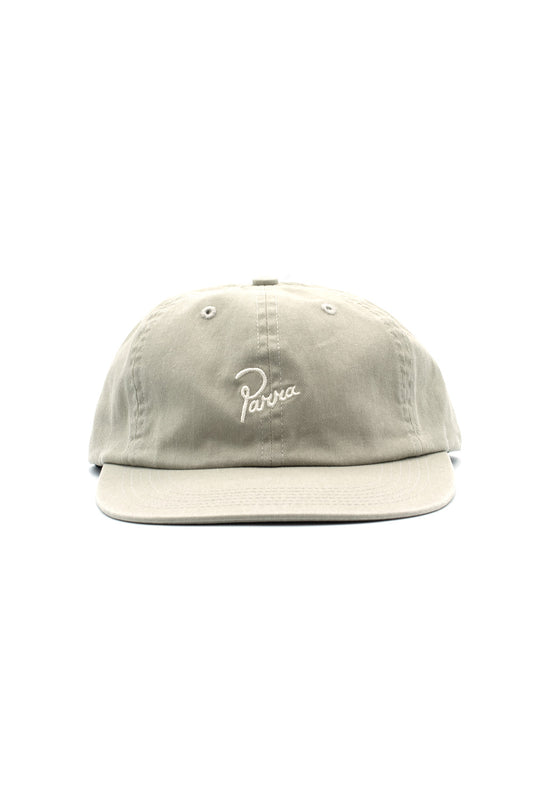 Front view of the light stone grey By Parra Signature 6 Panel Cap, crafted in California USA from pre-washed cotton twill, featuring a flat brim and a centered white embroidered Parra script logo on the unconstructed crown.