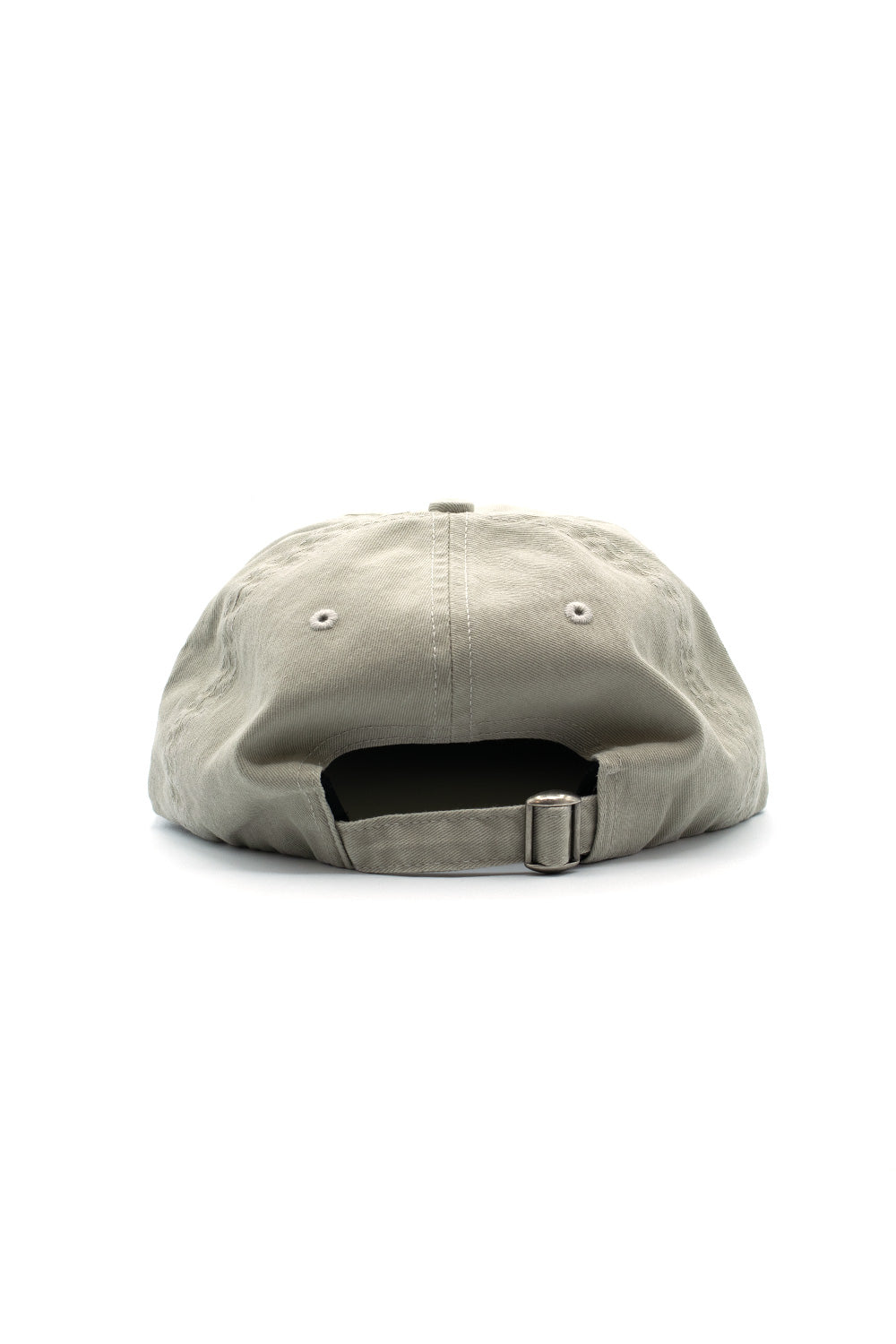 Rear view of the grey By Parra Signature 6 Panel polo fit cap, showing the adjustable self-fabric cotton strap enclosure with a metallic silver slide buckle.