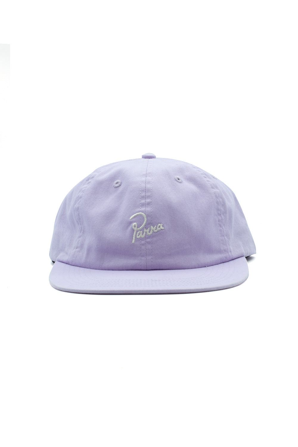 Front view of the light purple lavender By Parra Signature 6 Panel Cap, made in USA from pre-washed cotton twill with a flat visor and small white embroidered Parra script logo centered on the front crown.